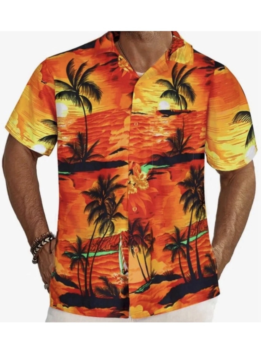 Hawaiian Shirt Mens Size Small Orange With Tropical Sunset Pattern NEW